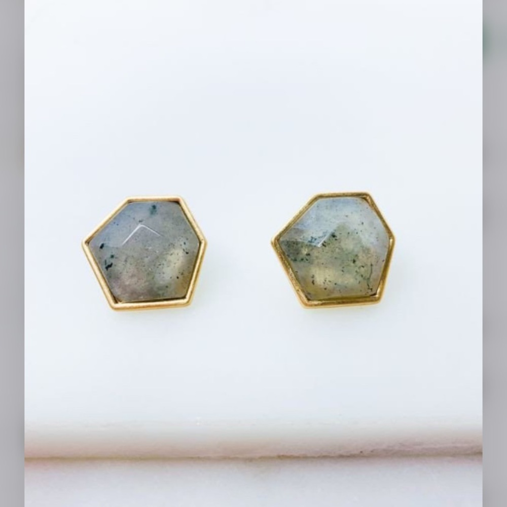 Grey/green semi precious stone with gold boarder. Post back